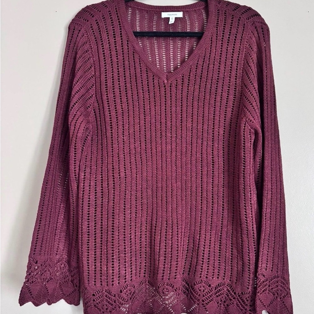 Maurices Plum Open-Knit V-Neck Sweater with Lace Hem